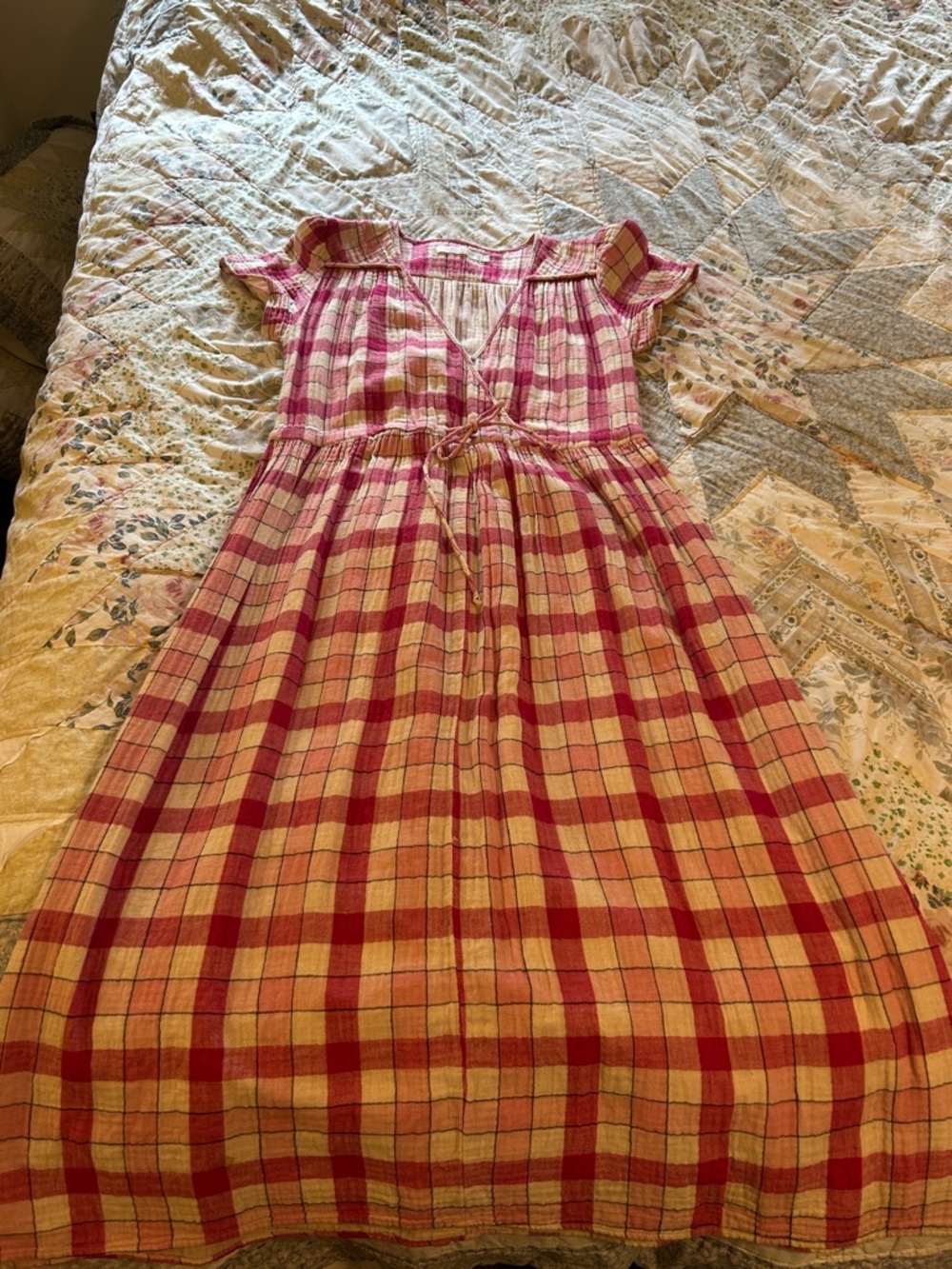 Christy Dawn Pink and Cream Plaid Tie-Waist Dress